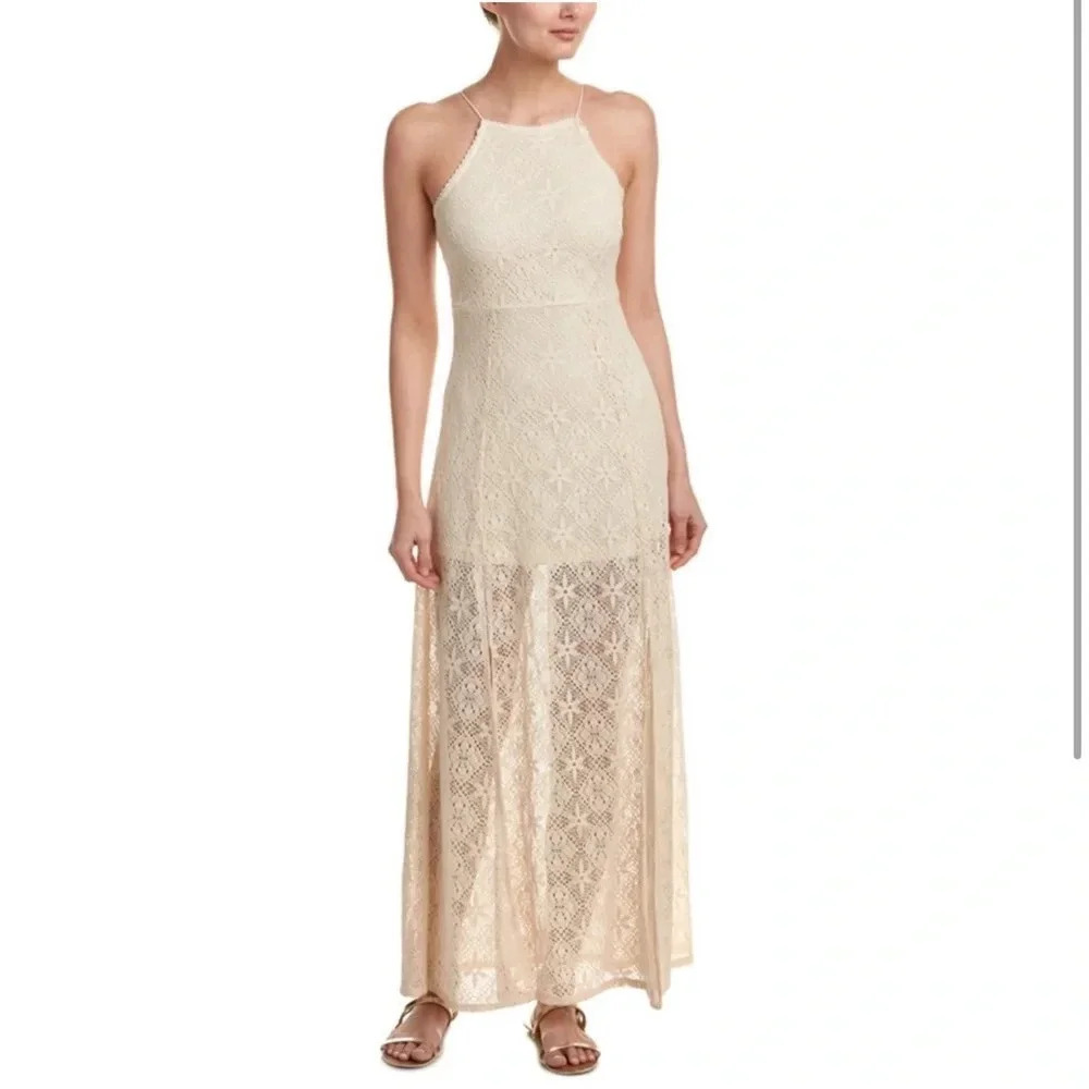 Floral Crochet Lace Up Overlay Maxi Side Slits Tassel Tie High Neck Maxi Dress S